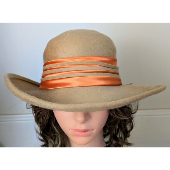 Vintage 1960s Sylvia Bollman Excello Wool Hat Camel w/ Orange Satin Band USA - Picture 2 of 13